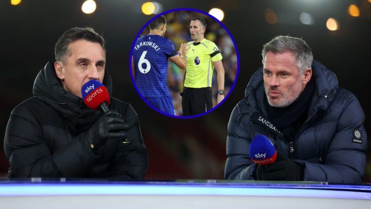 Pundits Gary Neville and Jamie Carragher for Sky Sports. Inset, Everton's James Tarkowski complains.