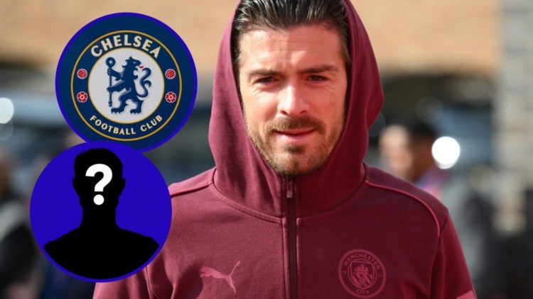 Jack Grealish prior to Manchester City game. Inset, Chelsea badge. Inset, EN mystery player.