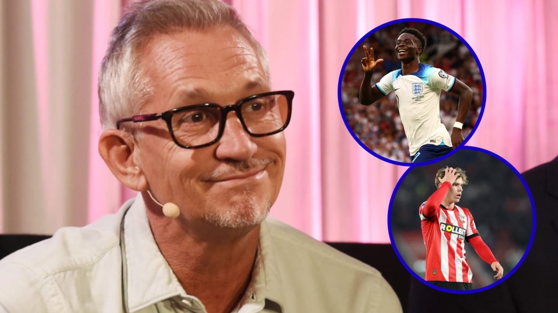 Former Everton striker Gary Lineker. Inset, Bukayo Saka playing for England. Inset, Tyler Dibling for Southampton.