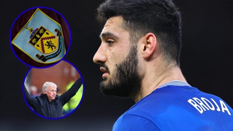 Armando Broja looks on whilst at Everton. Inset, Burnley badge. Inset, Everton boss David Moyes in disbelief.