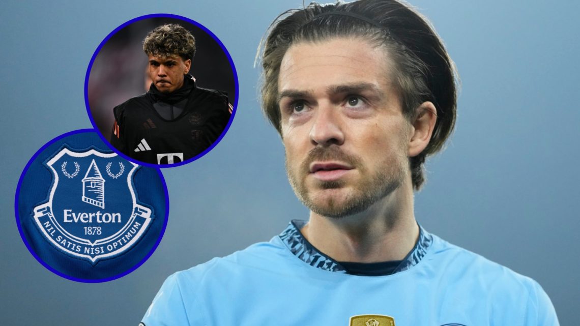 Man City midfielder Jack Grealish. Inset, Adam Aznou warming up for Bayern Munich. Inset, Everton badge.
