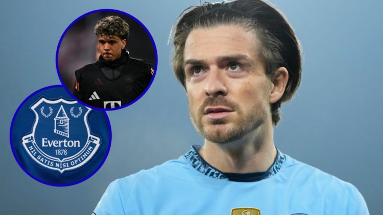 Man City midfielder Jack Grealish. Inset, Adam Aznou warming up for Bayern Munich. Inset, Everton badge.