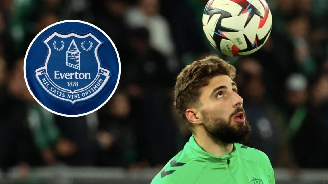 Zuriko Davitashvili juggling the ball for Saint-Etienne (right), Everton badge (inset)