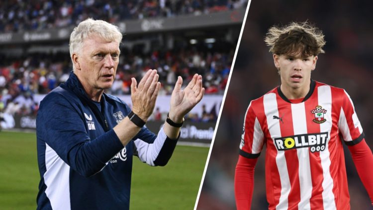 Everton manager David Moyes claps fans (left), Tyler Dibling playing for Southampton (right)