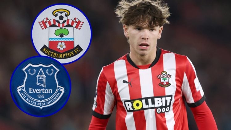 Tyler Dibling looking on whilst playing for Southampton. Inset, Southampton badge. Inset, Everton badge.
