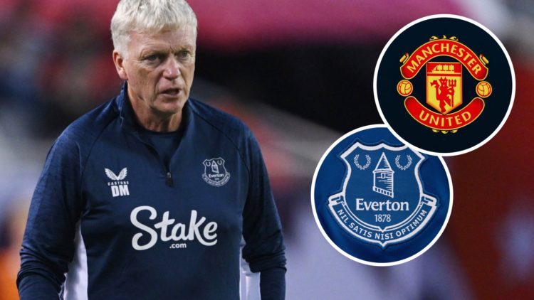 Everton manager David Moyes looks on. Inset, Manchester United badge. Inset, Everton badge.