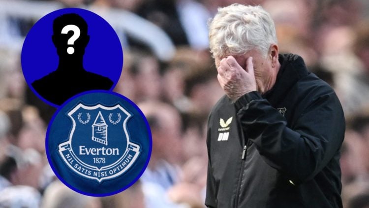 Everton manager David Moyes with hand on his head. Inset, Everton badge. Inset, EN Mystery player.