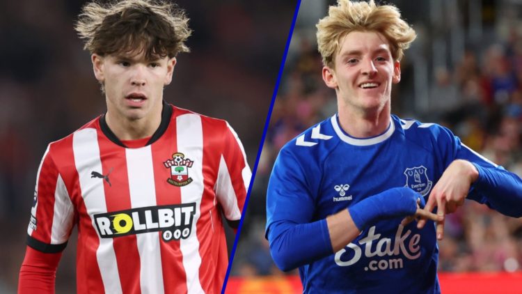 Southampton forward Tyler Dibling looking on. Inset, Anthony Gordon celebrates for Everton.