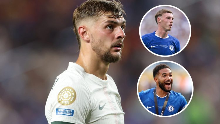 Chelsea midfielder Kiernan Dewsbury-Hall. Inset of Cole Palmer and Reece James.