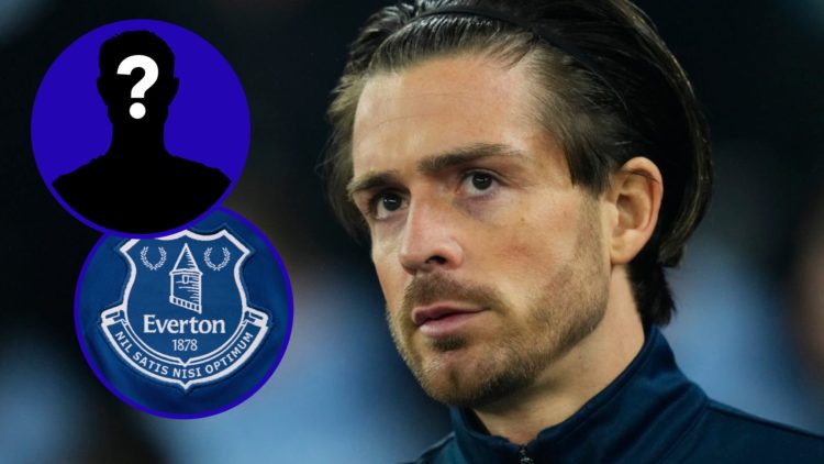 Manchester City winger Jack Grealish looking on. Inset, Everton badge. Inset, EN mystery player.