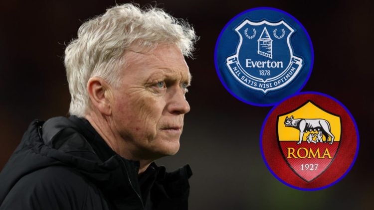 Everton manager David Moyes looks on. Inset, Everton badge. Inset, Roma badge.