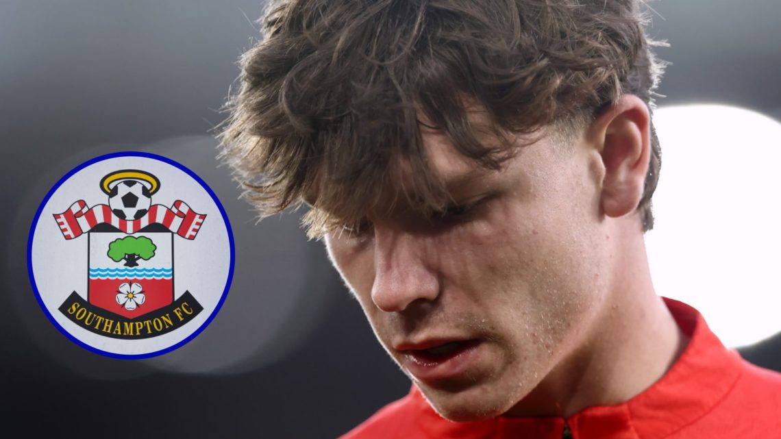 Southampton winger Tyler Dibling's headshot. Inset, Southampton badge.