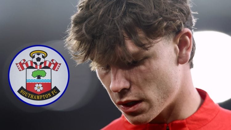 Southampton winger Tyler Dibling's headshot. Inset, Southampton badge.