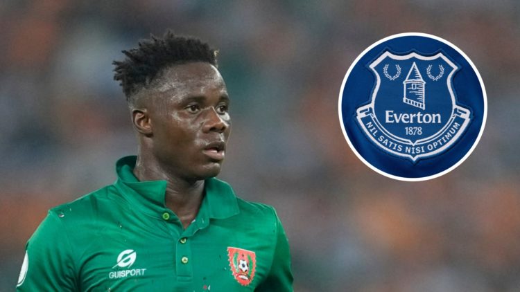 Franculino Dju playing for Guinea-Bissau (left), Everton badge (inset)