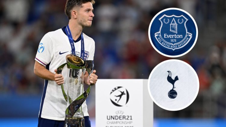 England playmaker James McAtee. Inset of Everton and Tottenham Hotspur badge.