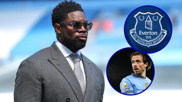 Pundit Micah Richards looking on. Inset, Everton badge. Inset, Jack Grealish playing for Man City.