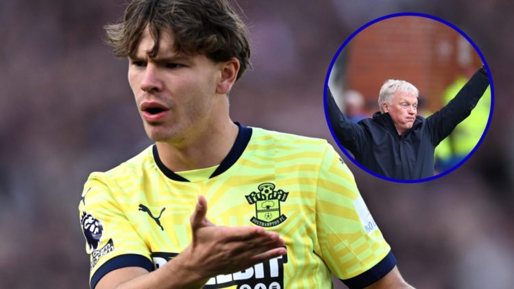 Tyler Dibling complains whilst playing for Southampton. Inset, Everton boss David Moyes throws hands in the air.