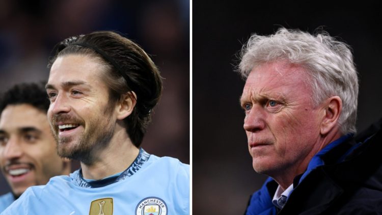 Jack Grealish playing for Manchester City (left), David Moyes managing Everton (right)