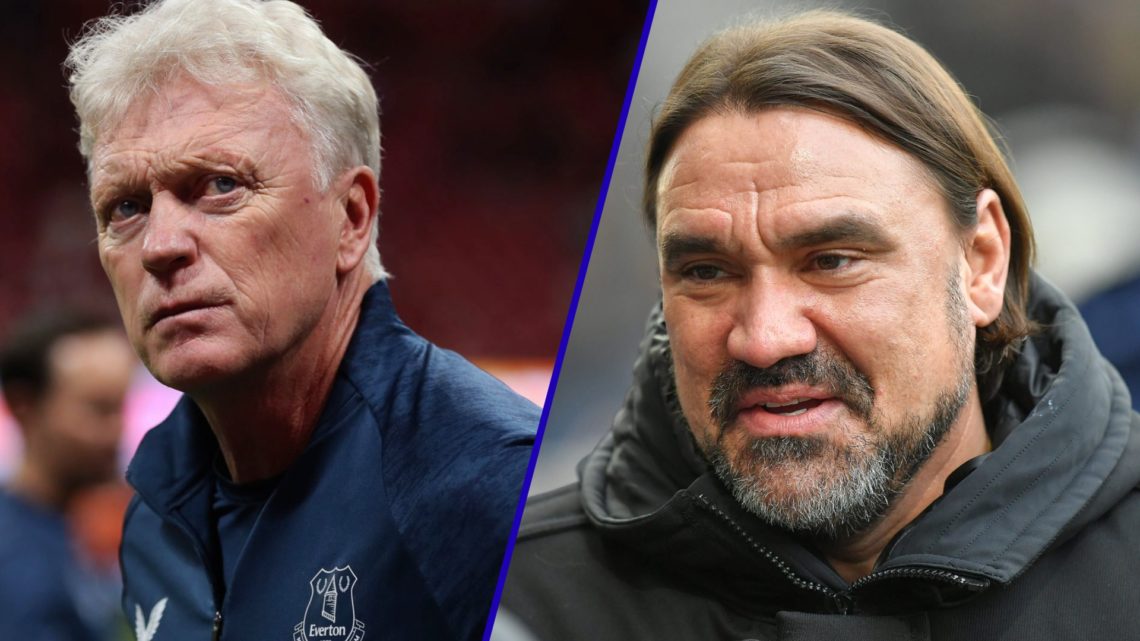 Everton manager David Moyes looking on. Inset, Leeds United boss Daniel Farke smiling.