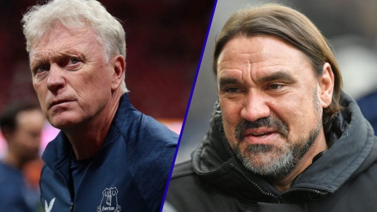 Everton manager David Moyes looking on. Inset, Leeds United boss Daniel Farke smiling.