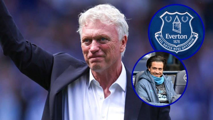 Everton manager David Moyes smiling. Inset, Jack Grealish on the Man City bench. Inset, Everton badge.