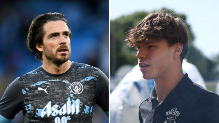 Jack Grealish warming up for Manchester City (left), Tyler Dibling in Southampton training gear (right)