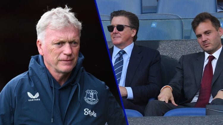 Split image of Everton manager David Moyes and The Friedkin Group in the stands at Roma.