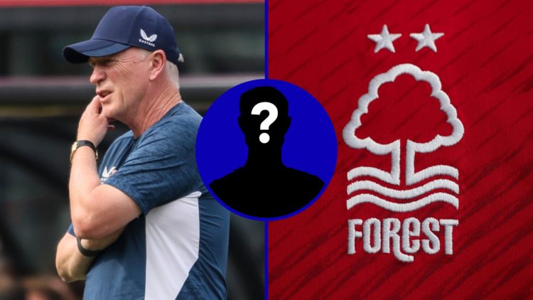 Everton manager David Moyes. Inset, EN mystery player. Inset, Nottingham Forest badge.