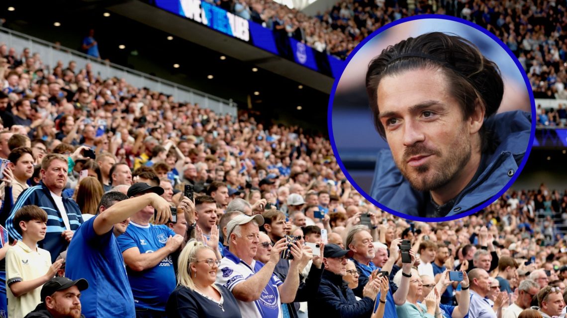 Everton fans at the Hill Dickinson Stadium. Inset, Jack Grealish watching on from Man City bench.