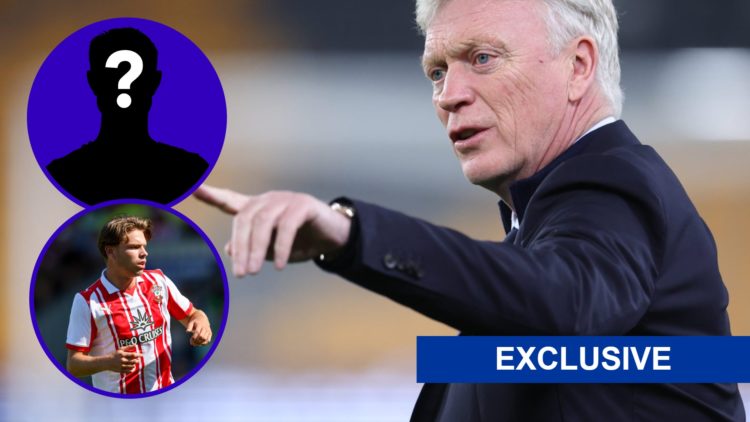 Everton manager David Moyes pointing. Inset, Tyler Dibling in action for Southampton.