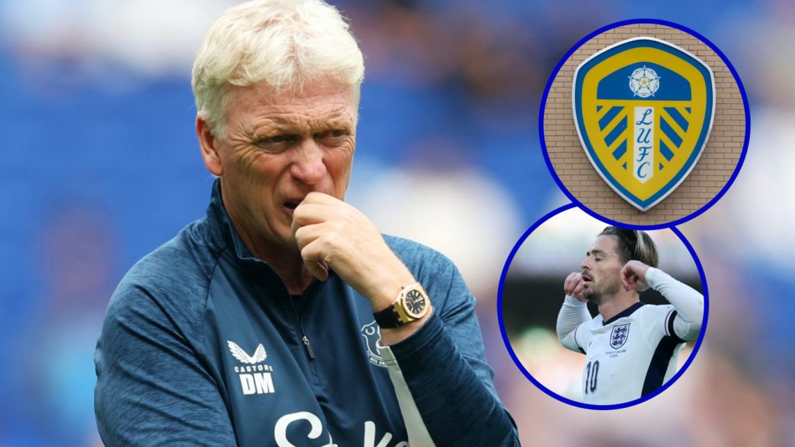 Everton manager David Moyes. Inset, Leeds United badge. Inset, Jack Grealish celebrates for England.