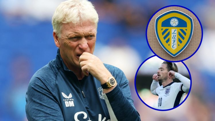 Everton manager David Moyes. Inset, Leeds United badge. Inset, Jack Grealish celebrates for England.