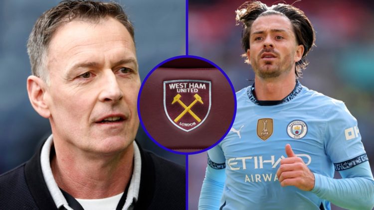Pundit Chris Sutton. Inset, West Ham United badge. Inset, Jack Grealish playing for Man City.