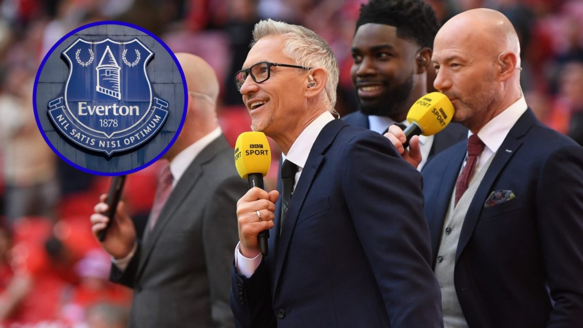 Pundits Gary Lineker, Alan Shearer and Micah Richards. Inset, Everotn badge on Goodison Park.