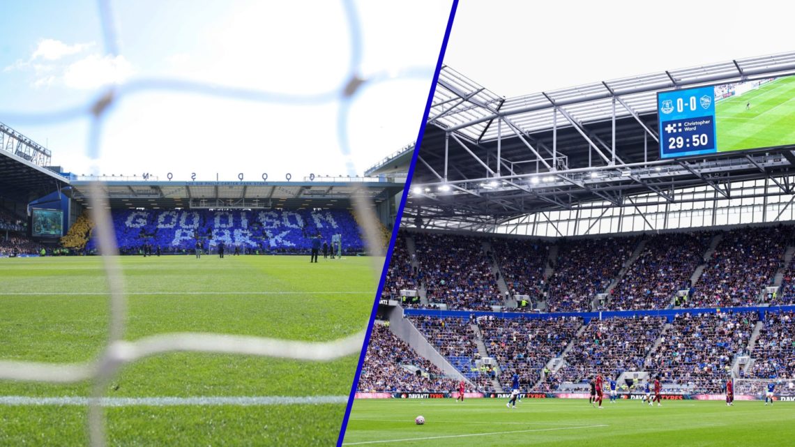 Split image of Everton's former ground Goodison Park during it's last game and the Hill Dickinson Stadium.