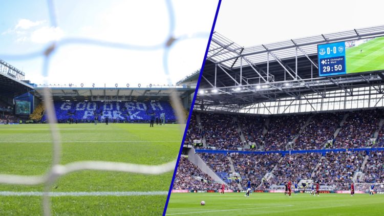 Split image of Everton's former ground Goodison Park during it's last game and the Hill Dickinson Stadium.