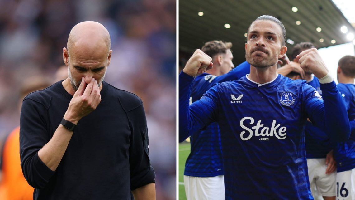 Manchester City manager Pep Guardiola and Everton winger Jack Grealish.