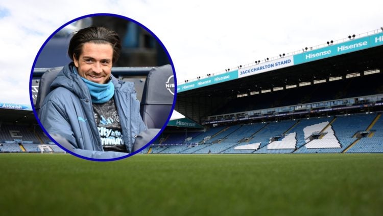 Jack Grealish on the Manchester City bench. Inset, Leeds United's stadium Elland Road.