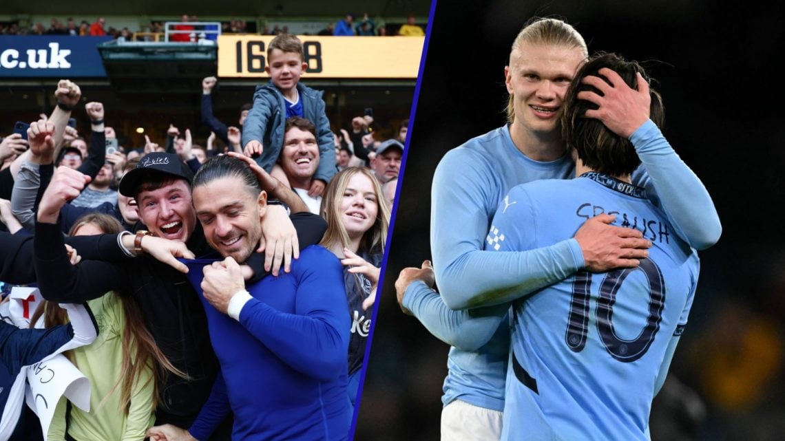 Jack Grealish celebrates with Everton fans after beating Wolves. Erling Haaland hugs Jack Grealish during Manchester City's game against Plymouth A...