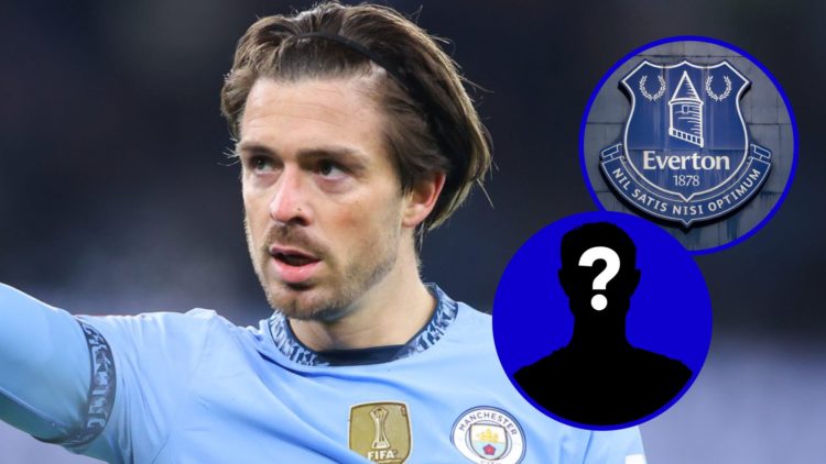 Jack Grealish in action for Manchester City. Inset, Everton badge. Inset, EN mystery player.