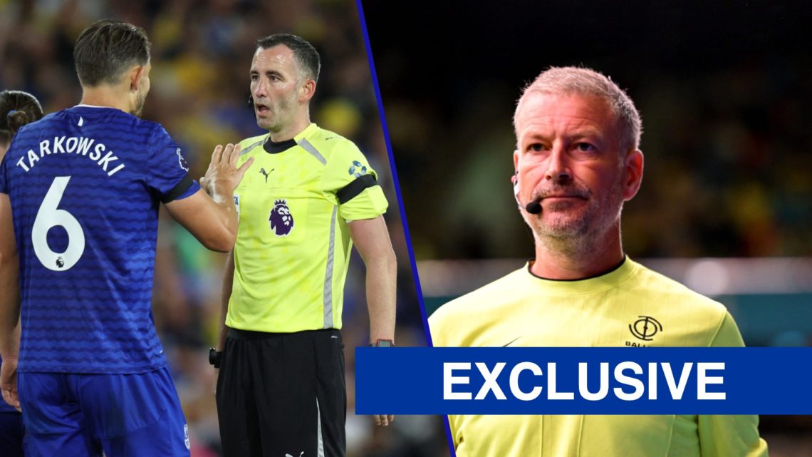 James Tarkowski argues with Chris Kavanagh after giving a penalty in Leeds United vs Everton. Mark Clattenburg referees a game in the Baller's League.
