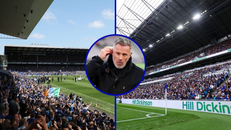 Split image of Goodison Park and the Hill Dickinson Stadium. Inset, pundit Jamie Carragher.