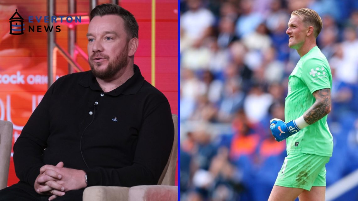 Jamie O'Hara attends the 2024 TCA Winter Press Tour. Jordan Pickford celebrates saving Danny Welbeck's penalty for Everton vs Brighton & Hove Albion/