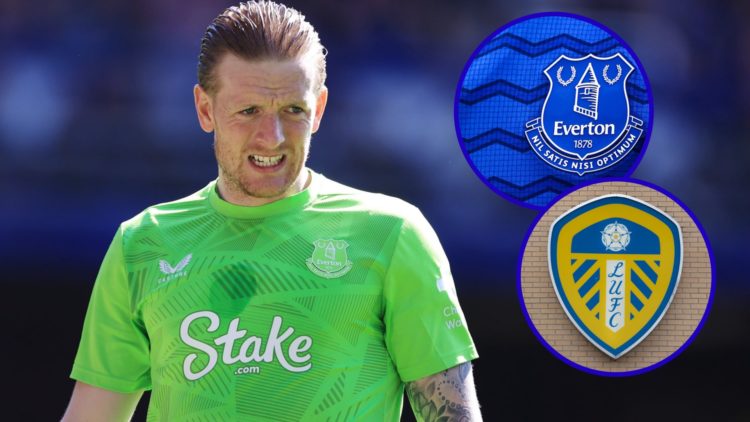 Everton goalkeeper Jordan Pickford looks on. Inset, Everton badge. Inset, Leeds United badge.