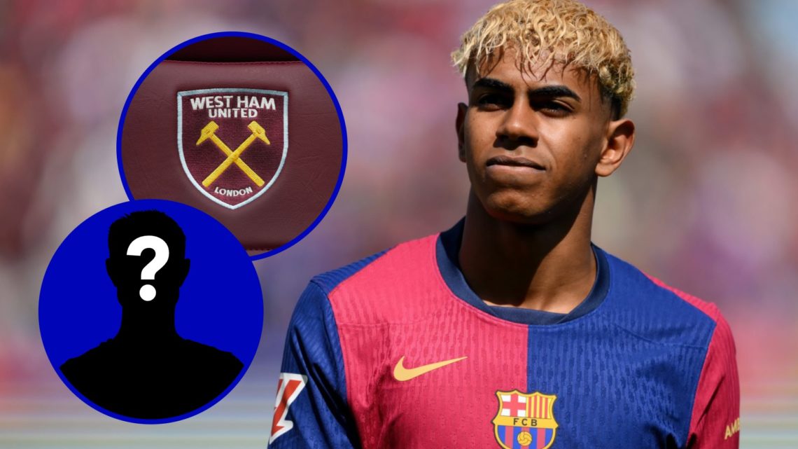 Barcelona star Lamine Yamal. Inset. West Ham badge. Inset, EN mystery player.