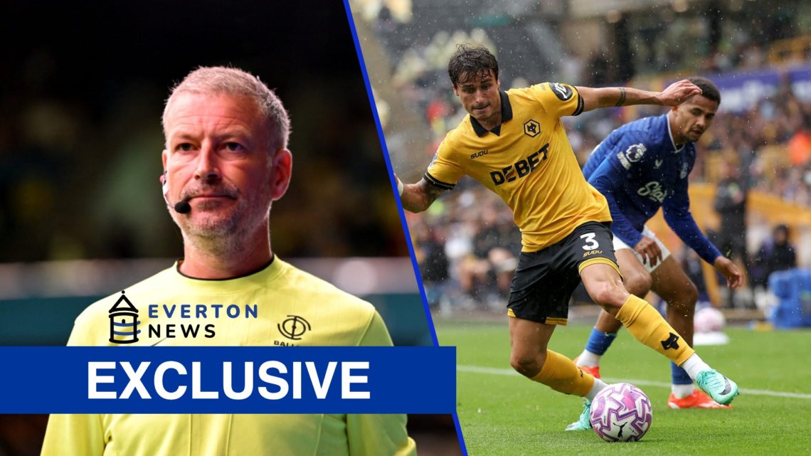 Mark Clattenburg referees during a game in the Ballers League. Wolves' Hugo Bueno beats Everton forward Iliman Ndiaye at Molineux.