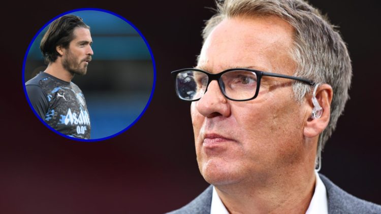 Pundit and former Arsenal midfielder Paul Merson. Inset, Jack Grealish looking on in Man City warm up.