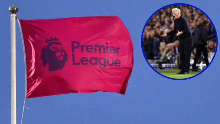 The Premier League logo on a flag. Inset, Everton manager David Moyes shouting from the sidelines.