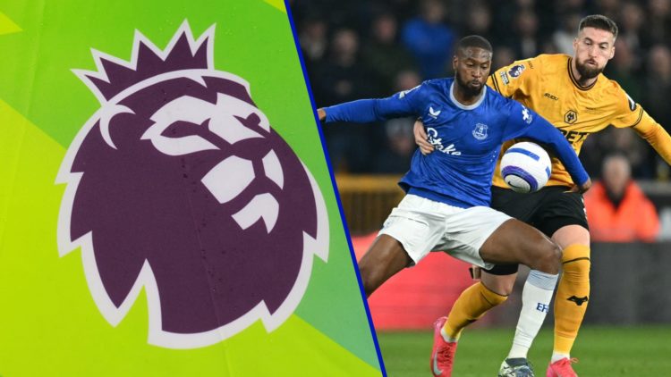 Split image of the Premier League logo and Everton's Beto challenging Wolves' Matt Doherty.