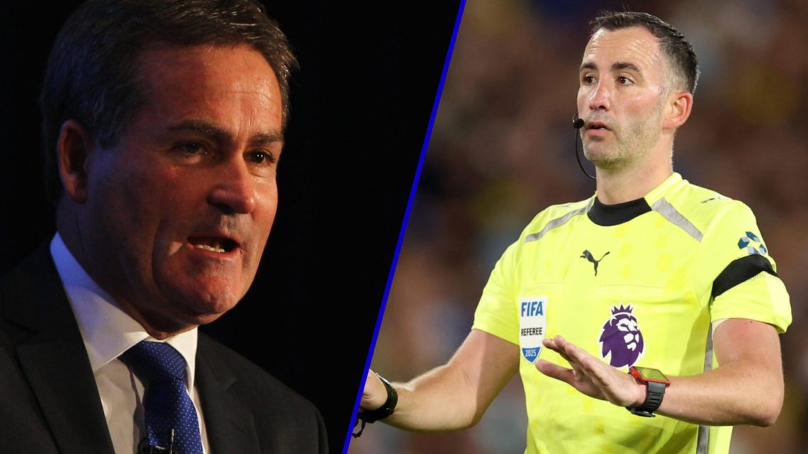 Broadcaster Richards Keys in 2011. Inset, Premier League referee Chris Kavanagh during Leeds vs Everton.